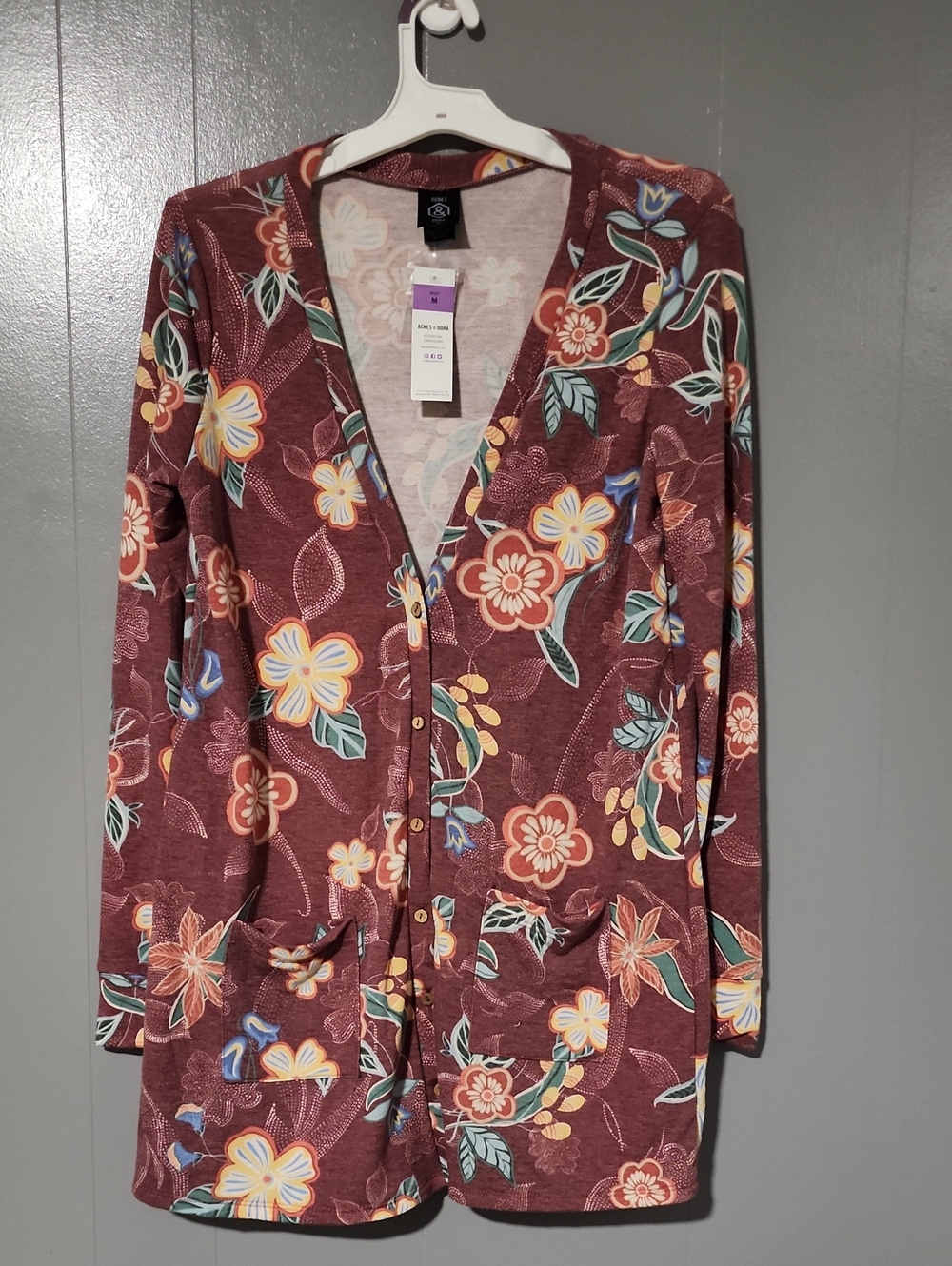 Agnes & Dora Maroon Floral Button-Front Long Cardigan